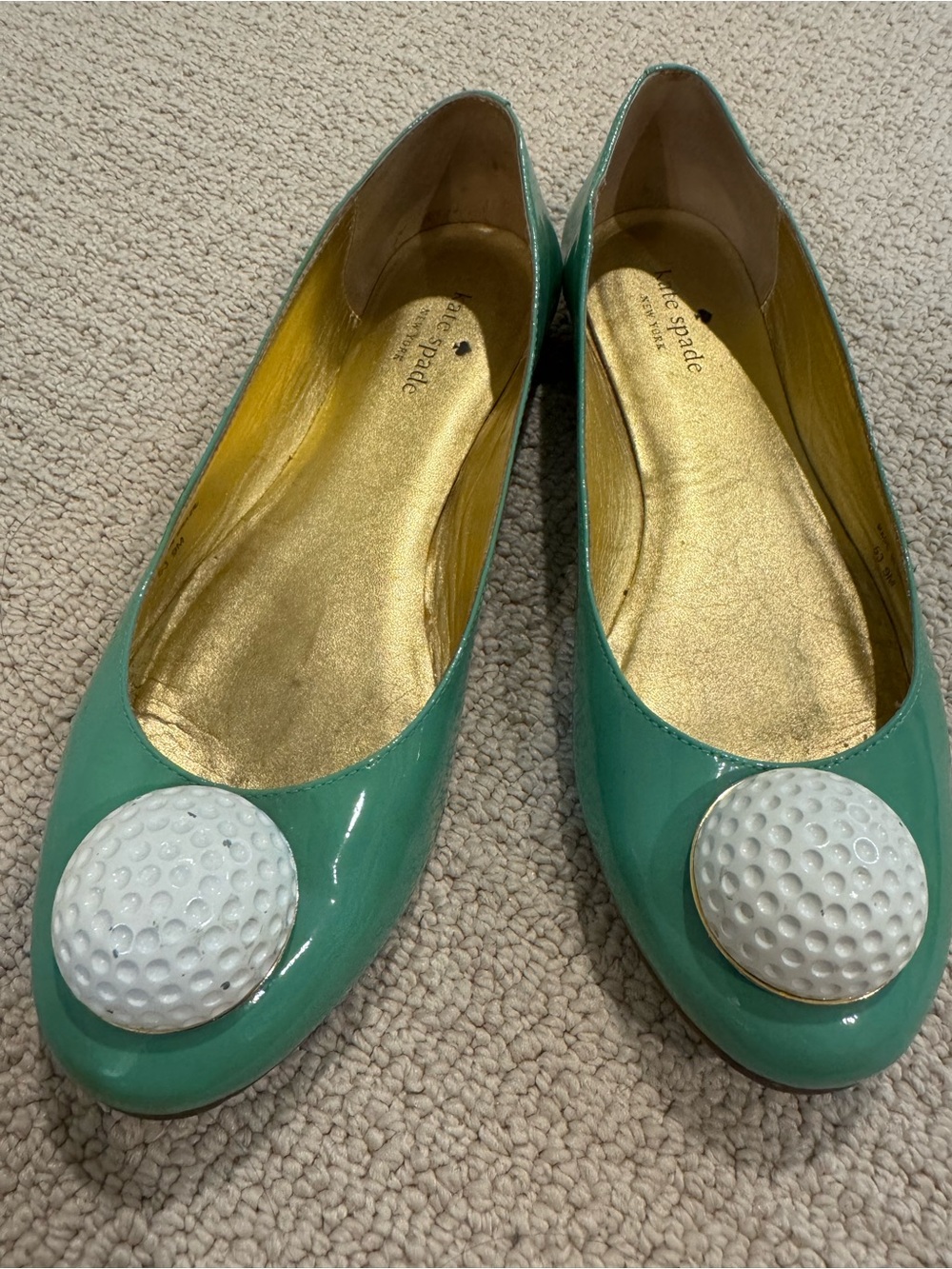 Kate Spade Teal “tee” Patent Leather Ballet Flats with Decorative ball Accent